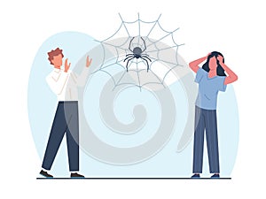 Concept of arachnophobia, man and woman scared of spider. Insect on spiderweb. Male and female in panic. Phobia