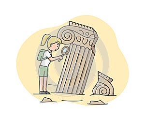 Concept Of Archaeologist Excavations. Woman Archaeologist Looking On Old Columns, Remains Of Architecture. Archaeology