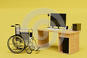 the concept of arranging a workplace for the disabled. a wheelchair next to the desk. 3D render