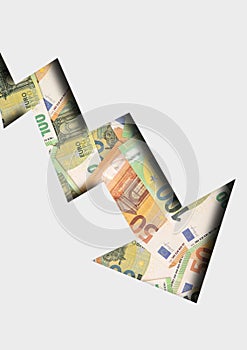 Concept arrow going down for stock trading with euro banknotes. Losing money