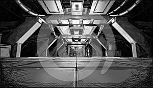 Concept Art Cartoon Drawing of Abstract Sci Fi Futuristic Space Ship Corridor Design.