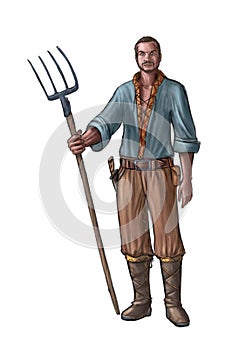 Concept Art Fantasy Illustration of Young Villager, Countryman, Farmer or Village Man With Fork photo