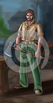 Concept Art Fantasy Illustration of Lumberjack or Villager, Countryman or Village Man With Ax