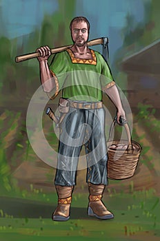 Concept Art Fantasy Illustration of Villager, Countryman, Farmer or Village Man With Hoe and Basket