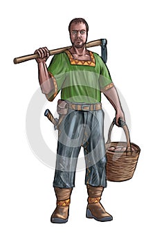Concept Art Fantasy Illustration of Villager, Countryman, Farmer or Village Man With Hoe and Basket photo