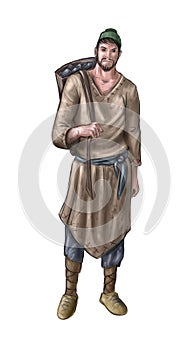 Concept Art Fantasy Illustration of Villager, Countryman, Miner or Village Man With Back Basket or Pack