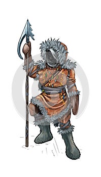 Concept Art Fantasy Illustration of Warrior Hunter With Spear or Harpoon