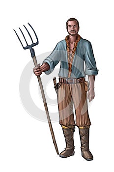 Concept Art Fantasy Illustration of Young Villager, Countryman, Farmer or Village Man With Fork