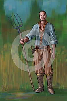 Concept Art Fantasy Illustration of Young Villager, Countryman, Farmer or Village Man With Fork