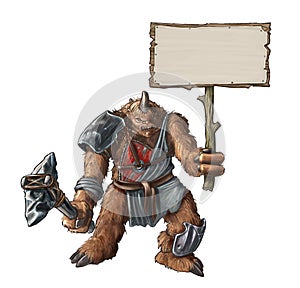 Concept Art Fantasy Painting of Giant Warrior Creature With Stone Axe Holding Empty Sign