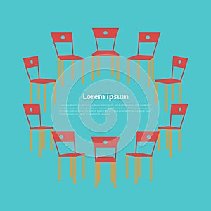 Concept art of group therapy, brainstorm meeting, chairs for sitting in circle, anonymous club. Isolated on white background