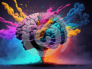 Concept art of a human brain exploding with knowledge and creativity