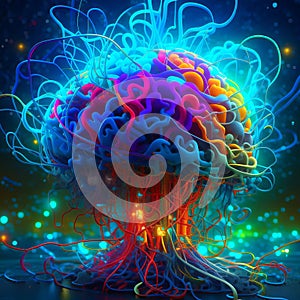 Concept art of the human brain exploding with knowledge and creativity