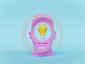 Concept art on idea and creative thinking. head with a hole and a bulb on it. minimalism style. 3d rendering