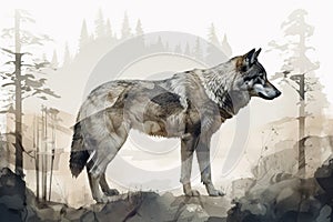 Concept art illustration of grey wolf and forest double exposure Generative AI.