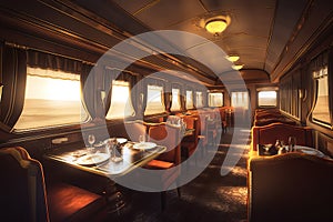 Concept art illustration of luxury dining car interior of train Generative AI.