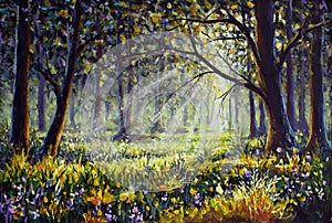Concept art illustration of sunny scenery in dreamy colors showing a forest