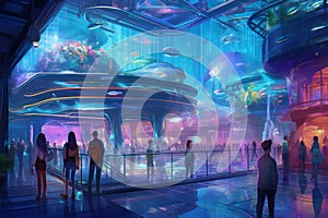 Concept art of imagined Gen Z future worlds like underwater social media bases, space-faring media studios, metaverse brand