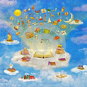 Concept art of kids education while reading the book imagination and education symbol