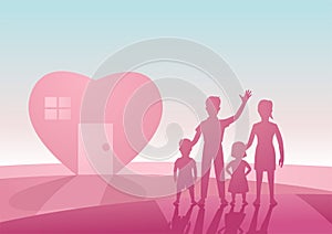 concept art of lovely and happy family with heart shape house in pink and black color by silhouette design