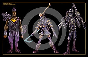 Concept art model sheet of three Sci-Fi mercenaries