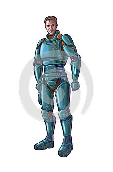 Concept Art Science Fiction Illustration of Futuristic Soldier or Astronaut Character in Armor or Spacesuit