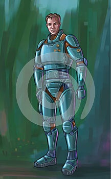 Concept Art Science Fiction Illustration of Futuristic Soldier or Astronaut Character in Armor or Spacesuit