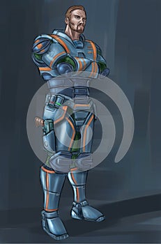Concept Art Science Fiction Illustration of Futuristic Soldier Character in Armor With Pistol