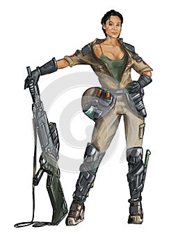 Concept Art Science Fiction Painting of Female Soldier Woman Posing With Riffle