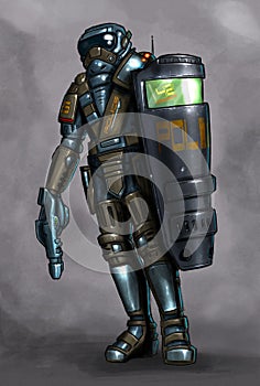 Concept Art Science Fiction Painting of Policeman in Armor With Shield and Gun