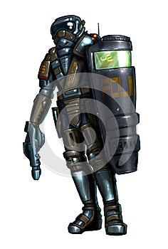 Concept Art Science Fiction Painting of Policeman in Armor With Shield and Gun