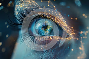 Concept art showing a close-up of a human eye, with a network of neural links and digital codes