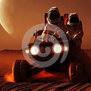 Concept art of two astronauts sitting in a vehicle exploring the surface of the planet.generative AI