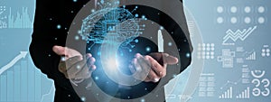Concept Artificial Intelligence,AI technology analysis,machine deep learning,businessman use interface hologram digital data brain
