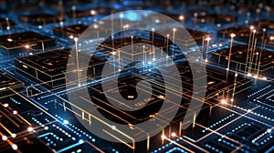 Concept of artificial intelligence, with circuit patterns, binary code, and a neural network structure