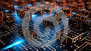 Concept of artificial intelligence, with circuit patterns, binary code, and a neural network structure