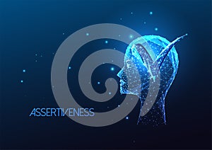 Concept of assertiveness, self confidence with check mark and human head on dark blue background