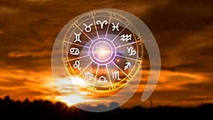 Concept of astrology and horoscope, person inside a zodiac sign wheel, Astrological zodiac signs inside of horoscope circle,