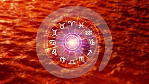 Concept of astrology and horoscope, person inside a zodiac sign wheel, Astrological zodiac signs inside of horoscope circle,