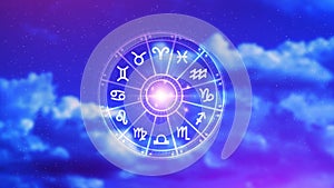 Concept of astrology and horoscope, person inside a zodiac sign wheel, Astrological zodiac signs inside of horoscope circle,
