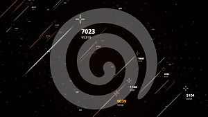 Concept of astronomy and astrophysics. Animation. Narrow stripes and numbers on black abstract background with stars