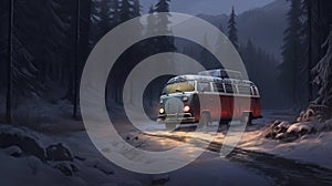 Concept of auto travel during winter holiday season. Road trip journey. Generative AI. Red retro vintage van stands in a