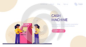 Concept of automated teller machine. Woman use ATM. Financial transaction, banking services, cash withdrawal, bank