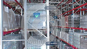 Concept of automation and digitalization of warehouse. Panorama parallel shot of product rows with infographics and