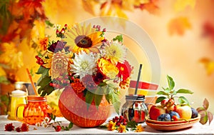 Concept of autumn festive decoration for Thanksgiving day or Halloween. Autumn bouquet of beautiful flowers and berries in a