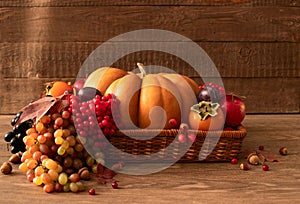 The concept of the autumn harvest of pumpkin vegetables, fruits and berries. Festive autumn decor of pumpkins