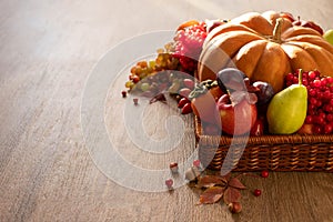 The concept of the autumn harvest of pumpkin vegetables, fruits and berries. Festive autumn decor of pumpkins