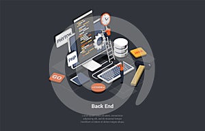 Concept Of Back End Development, Coding, Software Engineering, Programming. Server Racks in the Big Cloud, Database