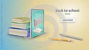 Concept of back to school online. Template with learning via mobile phone. Books and notebook, pencil, pen 3D. Remote