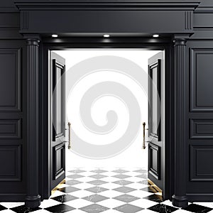 Concept background black open door bright light